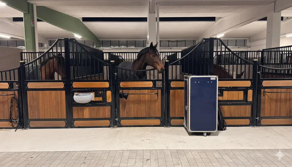 Box cavalli con vista frontale nella scuderia del Rio Tavo Horse Club